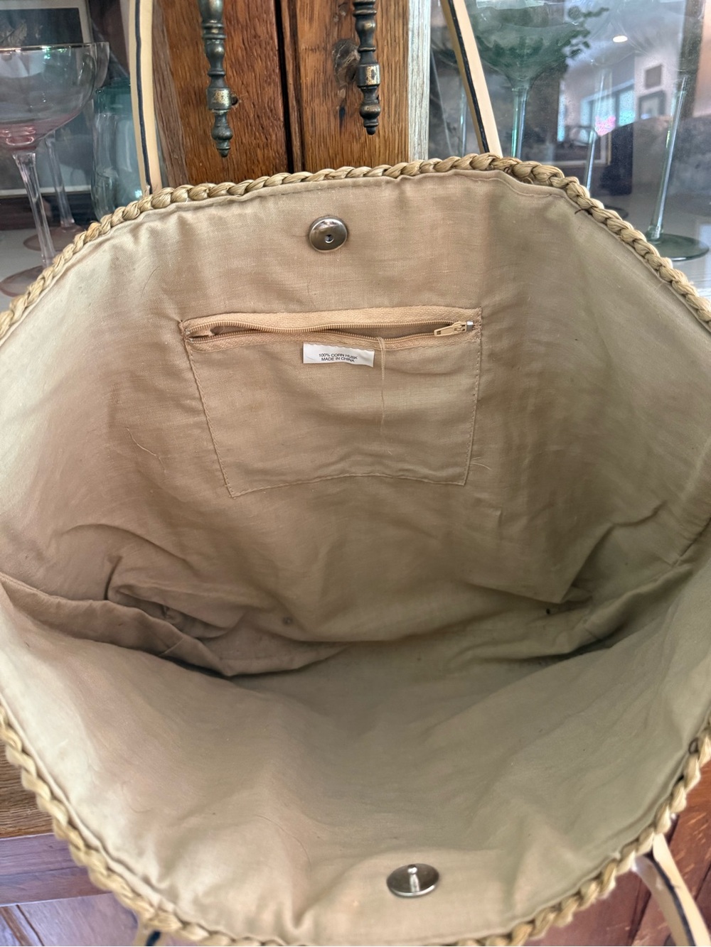 Woven Straw Tote Bag with Rust Accent - Neutral Multi - Picture 4 of 5